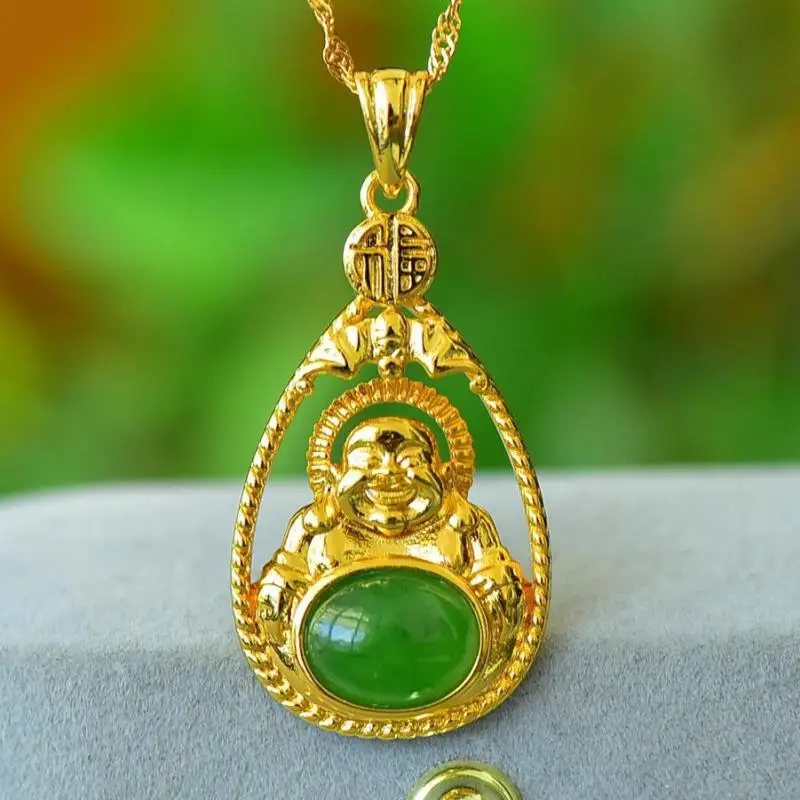 

Natural Green Jade Golden Buddha Necklace Women Fine Jewelry Accessories Genuine Hetian Jades Nephrite Buddha Pendant Necklaces