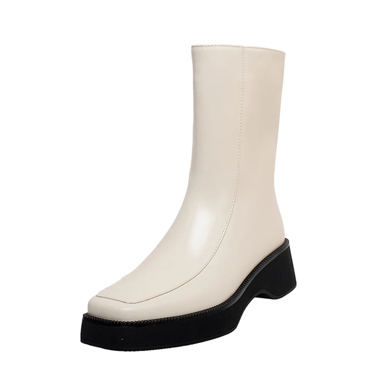 

Женские ботильоны из натуральной коровьей кожи, черные, бежевые, коричневые ботильоны на массивном каблуке, с квадратным носком, на молнии, на платформе, для зимы, 2023