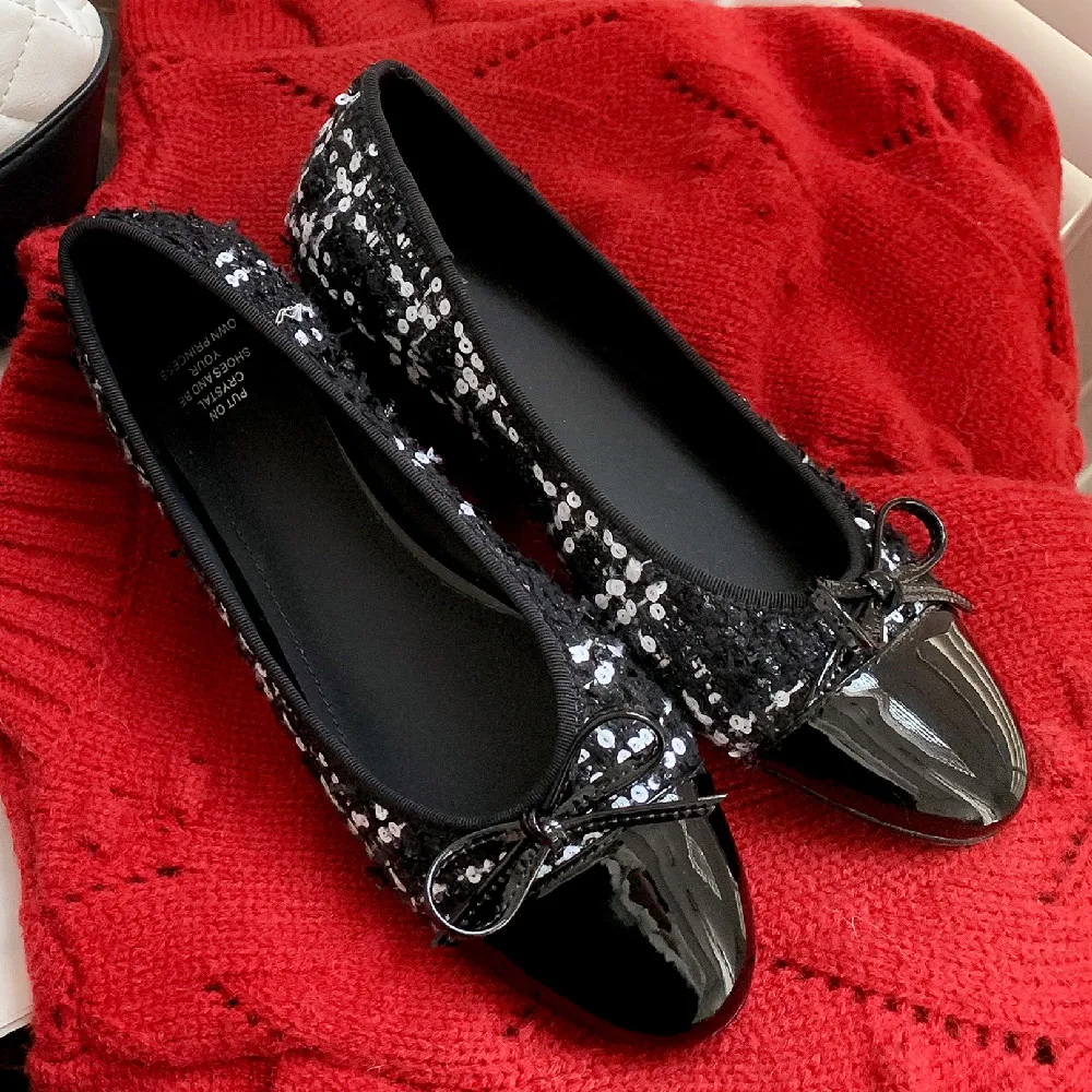 

Women's sweet bowtie slip-on ballet flats Sequin cloth patchwork round toe korean style ballerinas casual female espadrilles hot