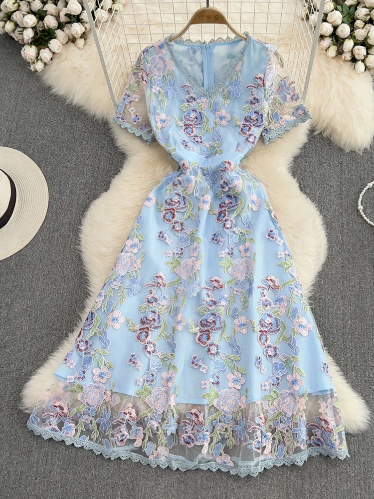 

FMFSSOM Summer V-Neck High Waist Slim Embroidered A-Line Dress Elegant Fashion Casual Gauze Net Short Sleeved Dresses