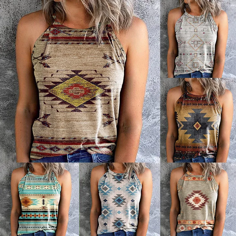 

Women's Shirts Summer Fashion New Casual Loose Retro Print Hanging Sleeveless Undershirt Female