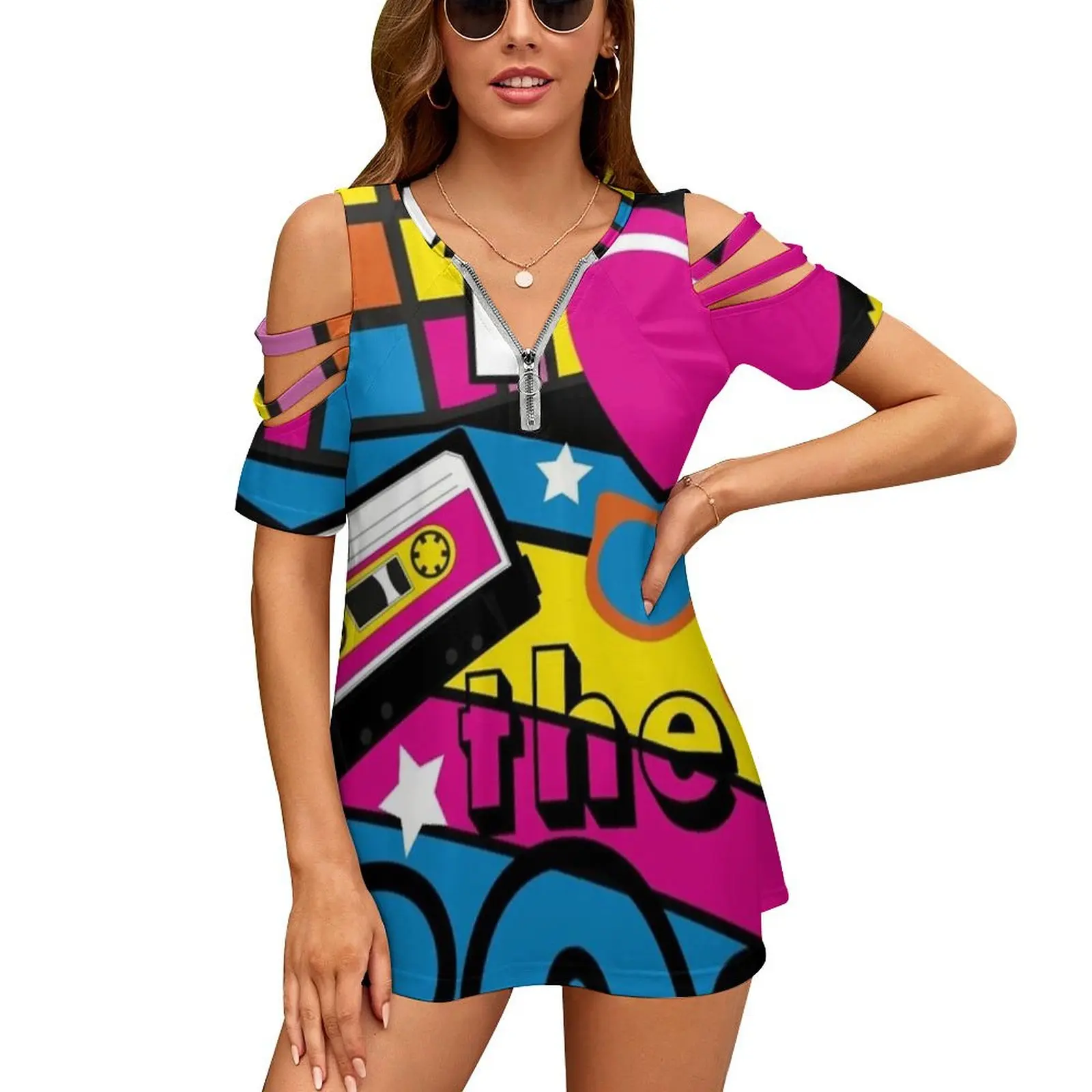 

Мне нравятся 80-е годы! Крутая неоновая рубашка в стиле поп-культуры и подарки, новый модный топ на молнии с открытыми плечами, Женская неонов...