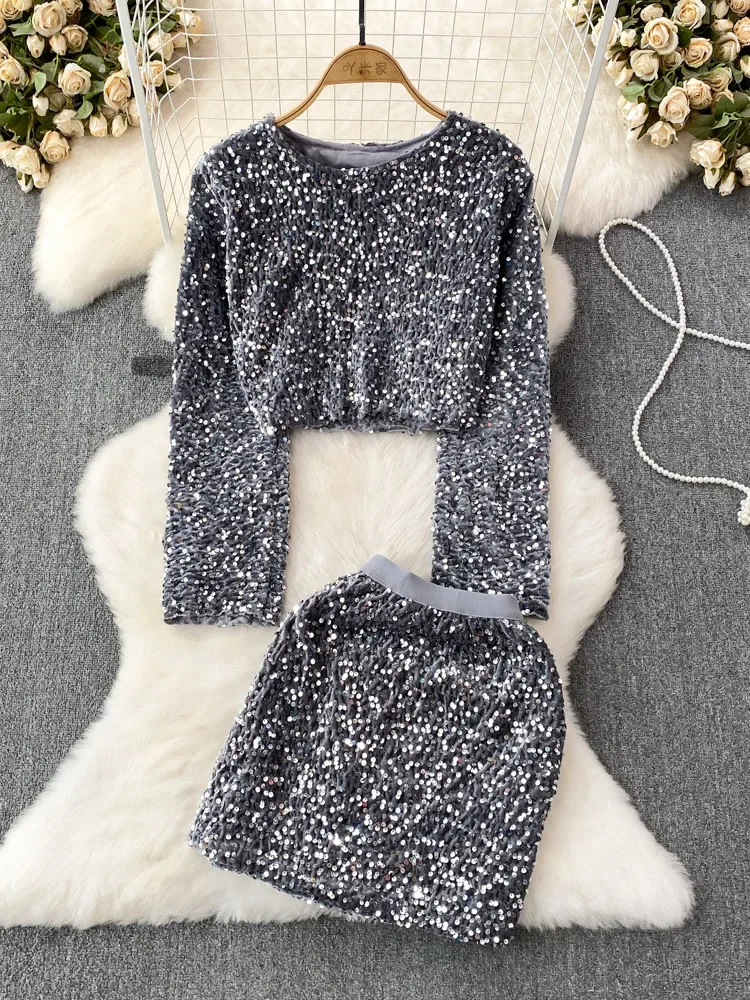 

Women Autumn Dress Sets Korean Version Round Neck High Waisted Short Sequin Top Two-piece High Waisted Hip Wrapped Skirt D5582