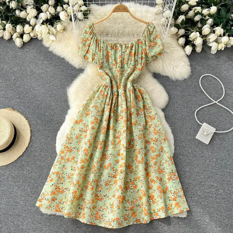 

WEIHAOBANG2022 Summer Women New Chiffon Printed Square Neck Short Sleeve Loose Dress Leisure Medium Long High Waist A-line Skirt