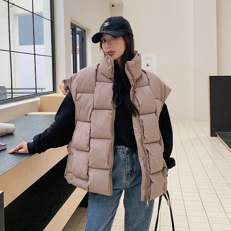 Autumn Winter Sleeveless Jackets Women 2022 Korean Cotton Padded Down Vest Loose Warm Thick Zipper Waistcoat Knitted Puffer Vest