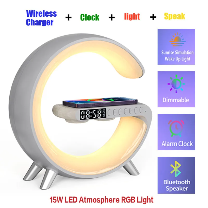 

New LED Smart Ambiance Light Bluetooth Sound Clock Alarm Clock Wireless Charger Night Light Sunrise Wake-up Light Sleep Light