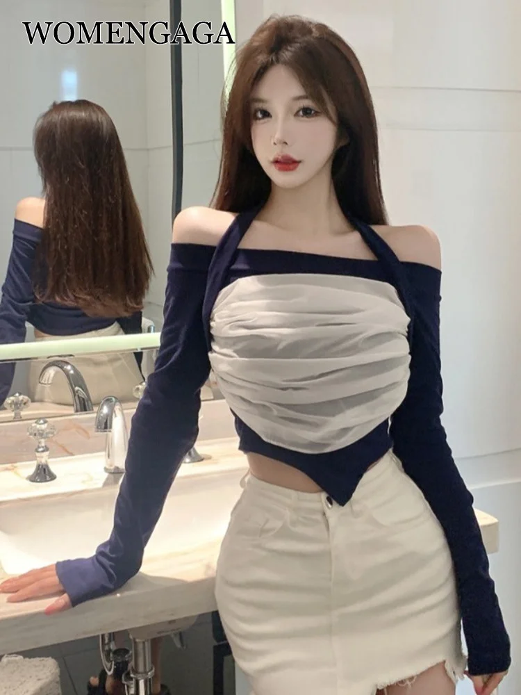 

Женская футболка с воротником-лодочкой, привлекательная футболка абрикосового цвета с воротником-халтером, модная футболка для осени, KD26