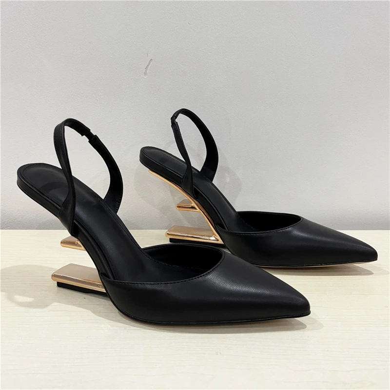 Black Women Pumps Pointed Toe High Heels Letter Strange Heel Slingback Dress Shoes 2023 New Gladiator Sandals Female Wedges