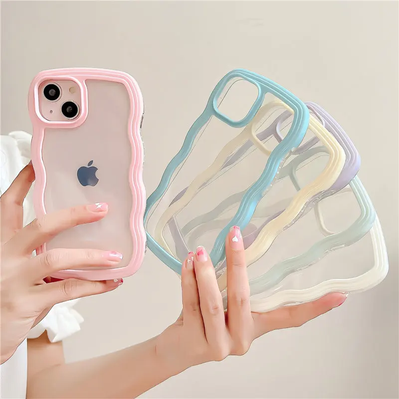 

Fashion Cute Transparent Curly Wave Case for iPhone 11 12 13 Pro Max 13Pro X XR XS Hybrid Shockproof Bumper Cover Capa Aesthetic