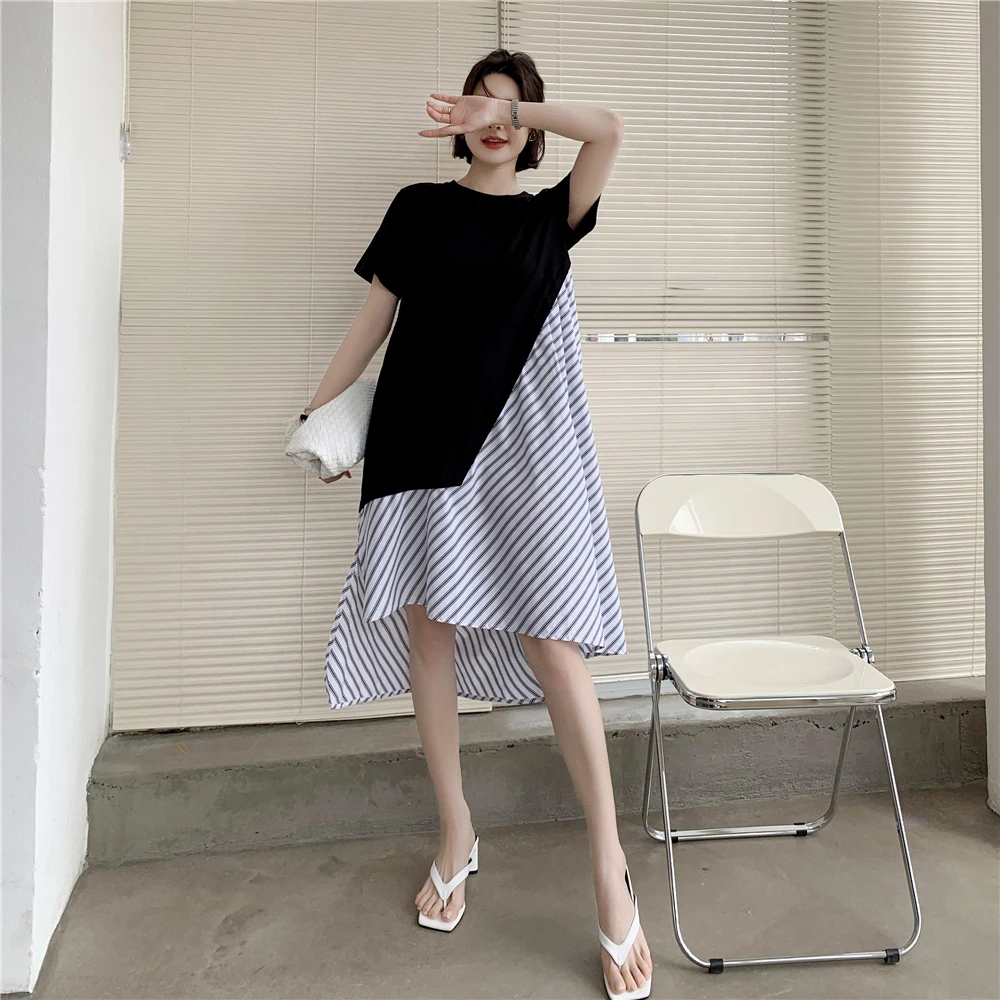 

SuperAen Loose and Irregular Round Neck Short Sleeve Dress Fashion Oversized Stitching Stripe Long Dress