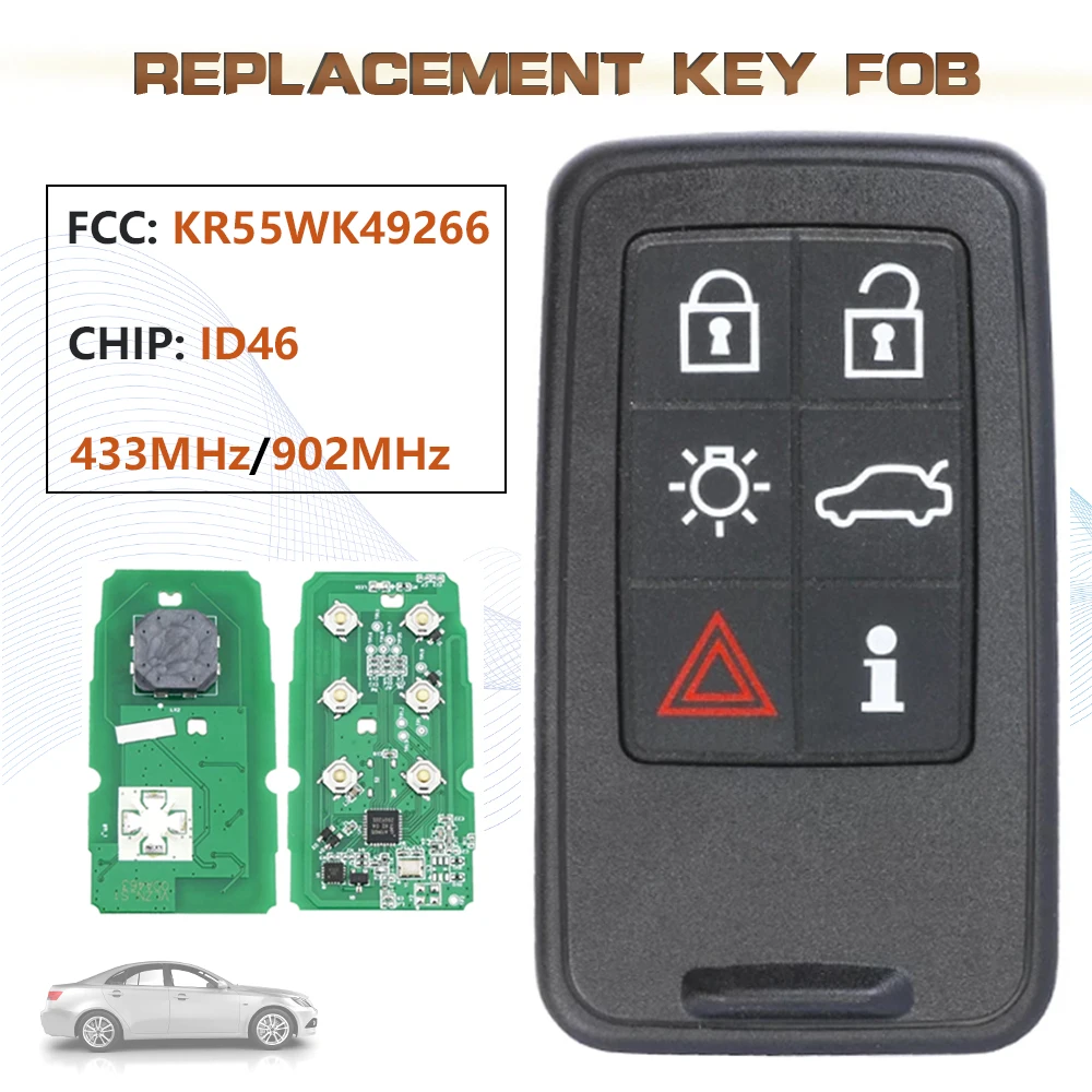 KEYECU 433MHz/902MHz FSK FCC:KR55WK49266 Smart Keyless Remote Key Fob 6B ID46 Chip for 2011-2017 Volvo S60 S80 V40 V60 V70
