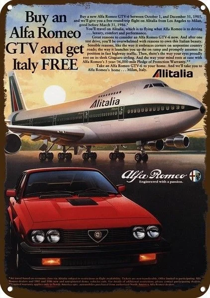 

New 1985 Alfa Romeo Gtv-6 Car Vintage Look Replica Metal Sign Alitalia Airlines Jet Room Decor Room Decoration