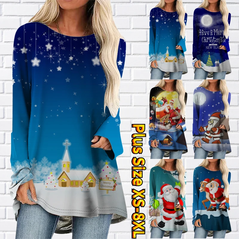 

Женская зимняя футболка с круглым вырезом, пуловер с рождественским принтом для отца, осенняя модная повседневная Рождественская футболка ...