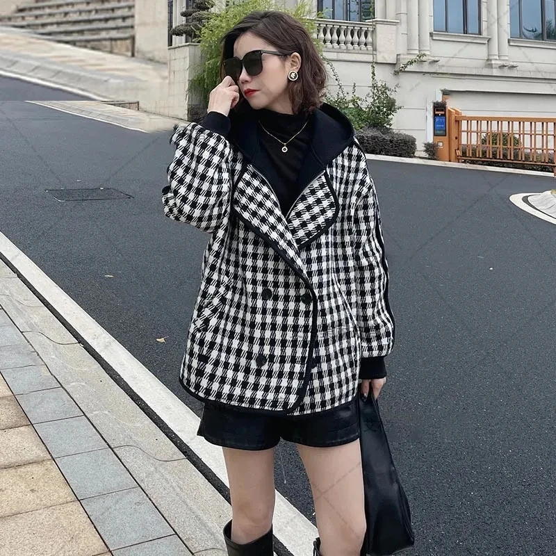 

Autumn Winter Plaid Coats Women's Clothing 2023 New Spring Stylish Fake Two Piece Splice Jackets Girls Hooded Outerwear BC416