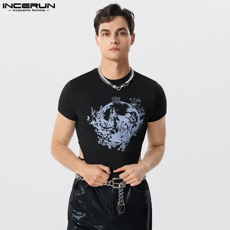 

INCERUN American Style Men's Loungewear Stylish O-neck Funny Print Jumpsuits Leisure Male Hollowed Short Sleeved Bodysuits S-5XL