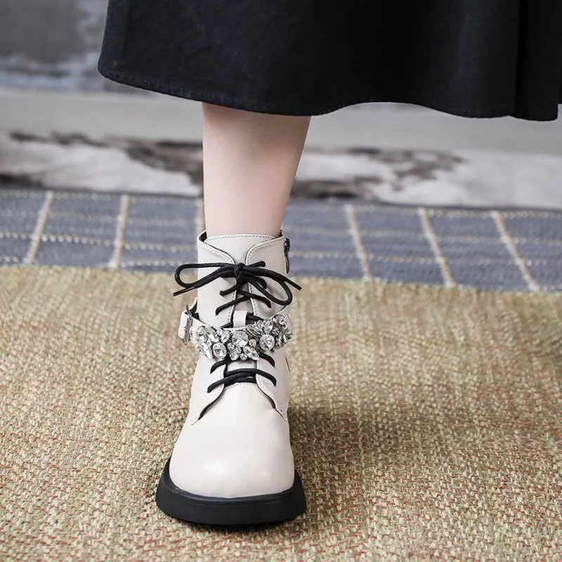 2021 Fashion Rhinestone Side Zipper Buckle Boots Ladies Solid Color Flat Non-slip Winter Keep Warm Lacing Comfortable Bare Boots