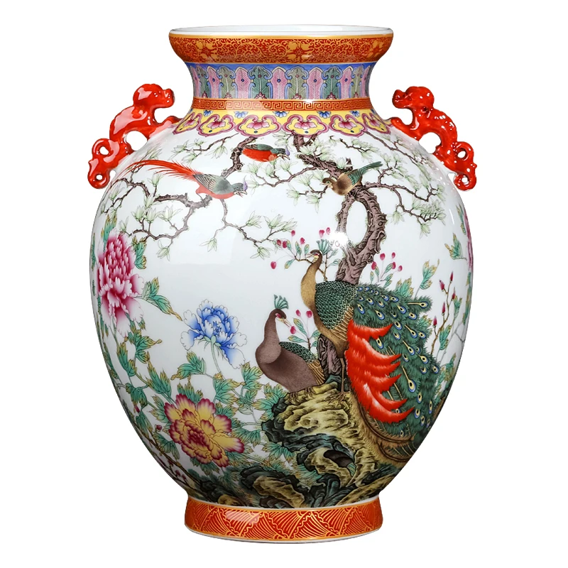 

Керамическая эмалированная ваза Jingdezhen в виде павлина, китайская антикварная гостиная, Цветочная композиция, домашнее украшение для телеви...