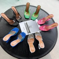 ladies sandals square toe shoes transparent crystal high heeled flip flops 2022 summer outside wear casual european style slippe