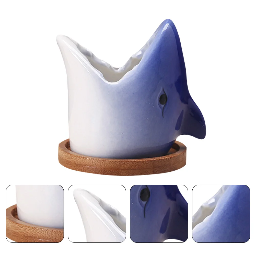 

Small Planter Shark Pots Blue Ceramic Shark Flowers Pots Pen Makeup Brush Holder for Home Office Desk Decoration