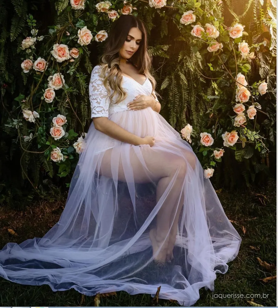 

Lace Off Shoulder Maternity Dress Split Front A-line Skirt See Through Pregnancy Maxi Gown for Photoshoot Baby Shower