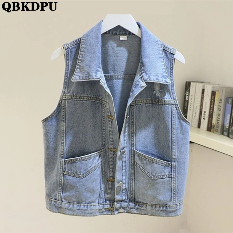 

Sping Basic Solid Crop Denim Vest Women Casual Jean Gilet Vintage Coat Waistcoat Sleeveless Jacket Korean Steetwear Chalecos New