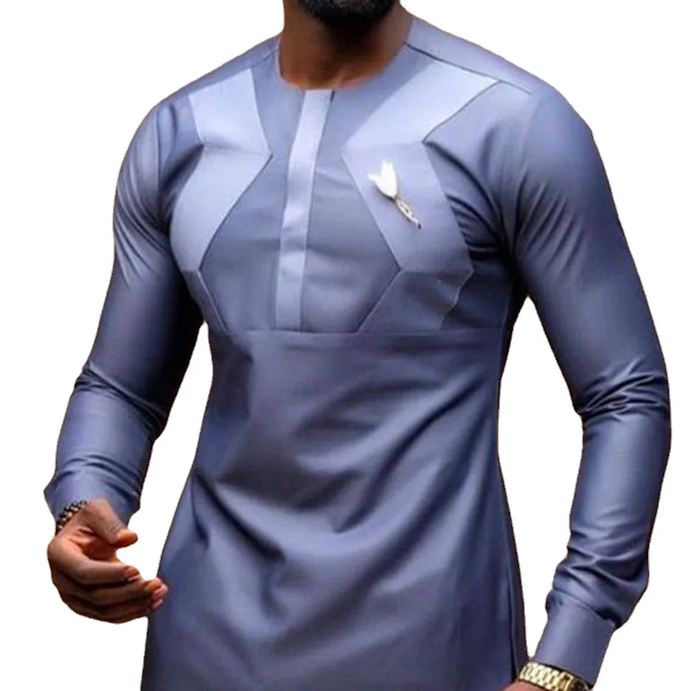 Spring and Summer Long-sleeved Round Neck Solid Color Stitching African Ethnic Style Men's Casual Loose Shirt M-4XL