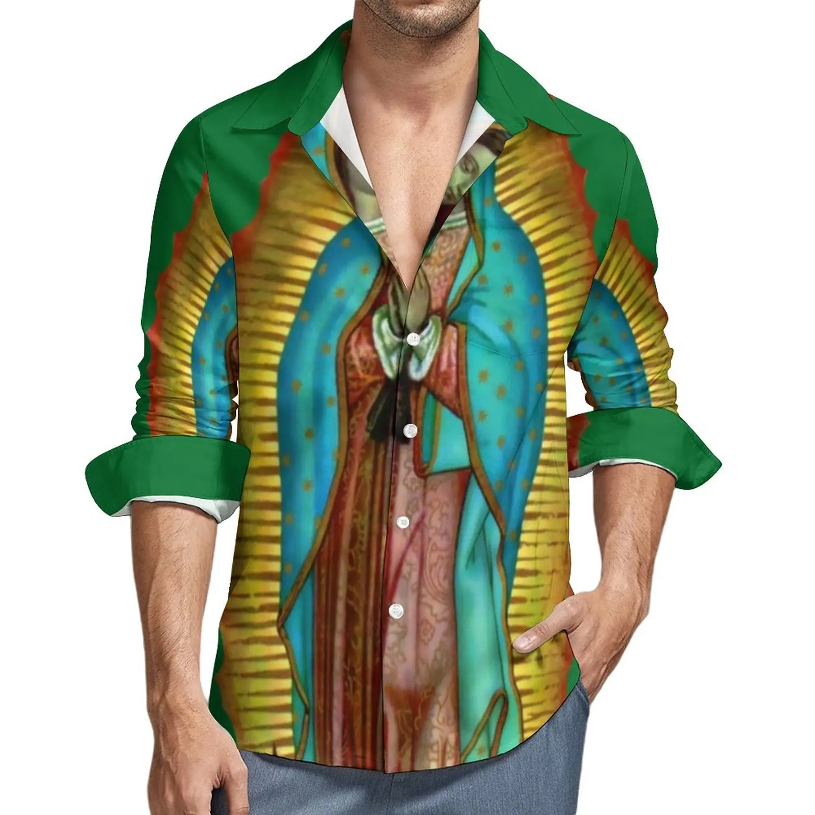 

Virgin Mary Stylish Casual Shirt Men Mexican Virgin Shirt Autumn Trending Blouses Long Sleeve Design Oversize Clothing
