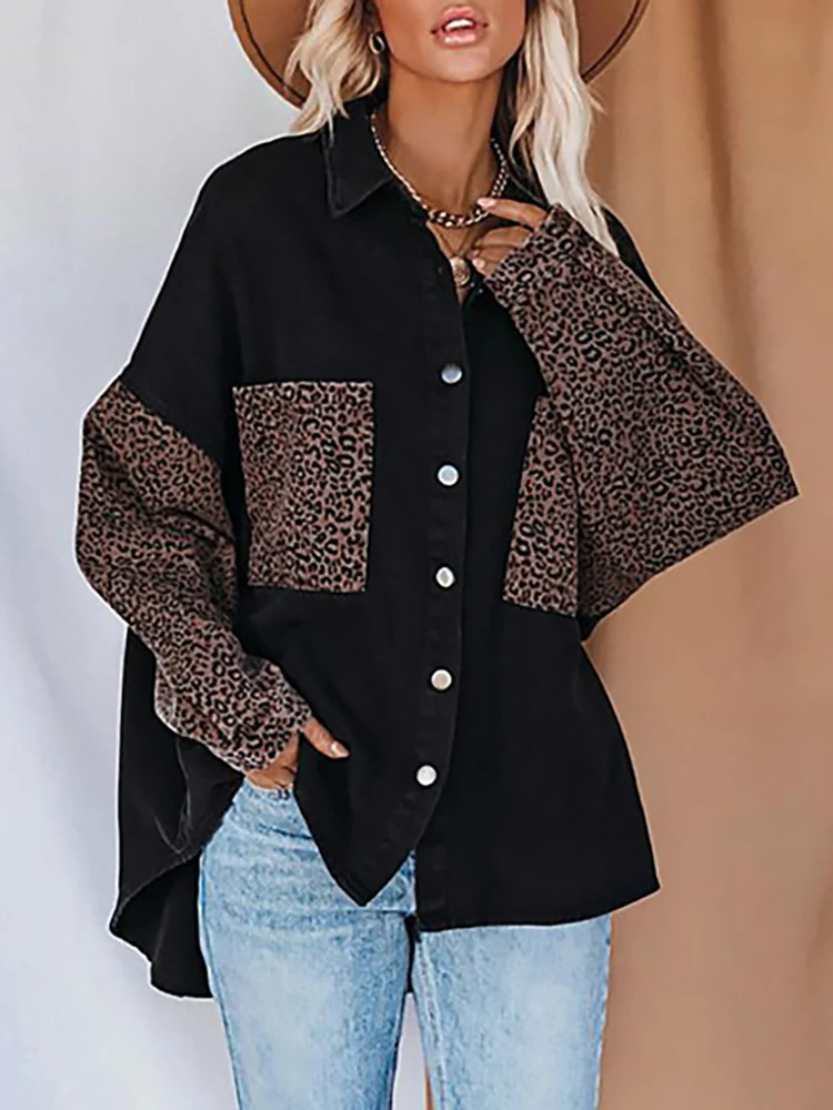 Fashion Long Sleeve Shirt Leopard Print Pocket Womens Tops And Blouses 2022 Falll Clothes Loose Casual  Shirts For Women