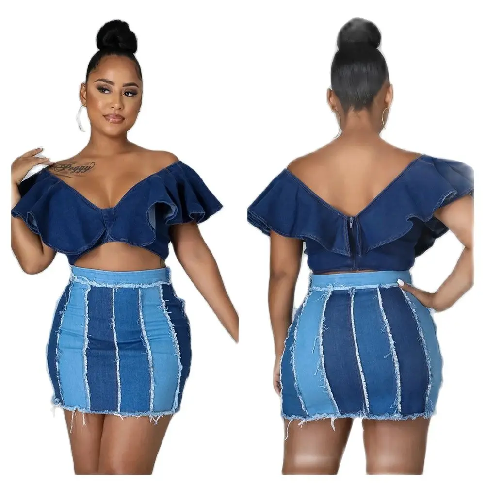 

2022 Summer New Woman High Waist Patchwork Denim Short Skirt Fashion Raw Edge Sexy Stretch Mini Pack Hip Jeans Skirt S-2XL