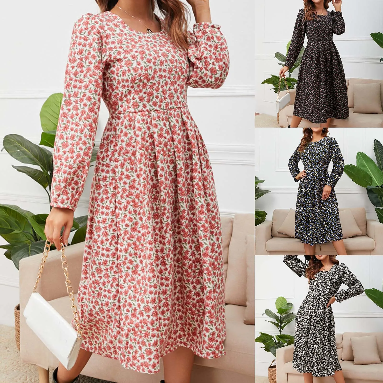 

Dress For Women Fashion Autumn Winter Square Collar Floral Dress Swing Dress Sunday Dress for Women
