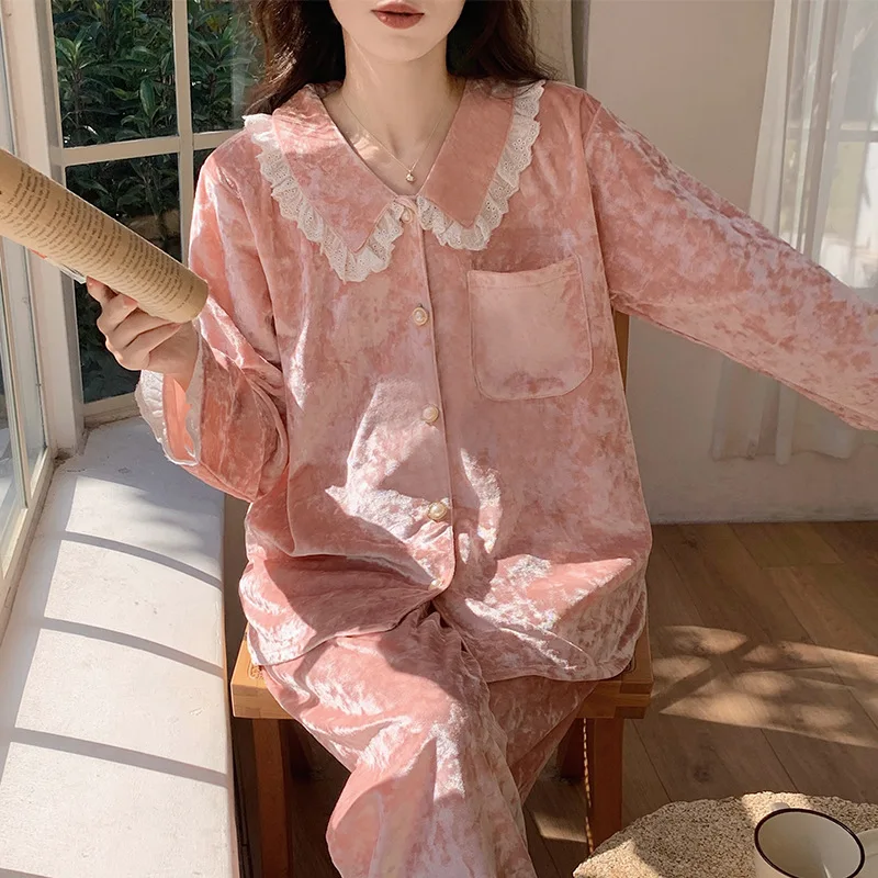 Милый белый кружевной бархатный пижамный комплект осень-зима женская пижама