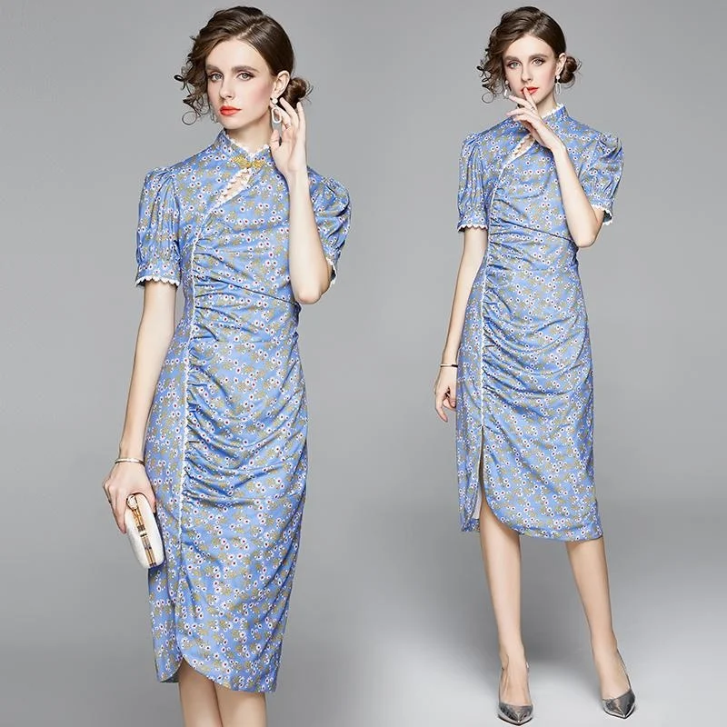 

Blue Elegant Color Women Cheongsam Slim Waist Polka Dot Glam A-line Dresses Retro Sexy Side Spilts Hollow Out Summer Vestidos