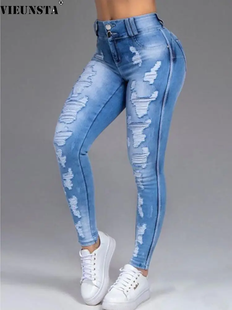 

Harajuku Retro Ripped Stretch Jeans Pants Women Elegant Double Buttoned Slim Fit Bodycon Trousers Spring Autumn Cowboy Leggings