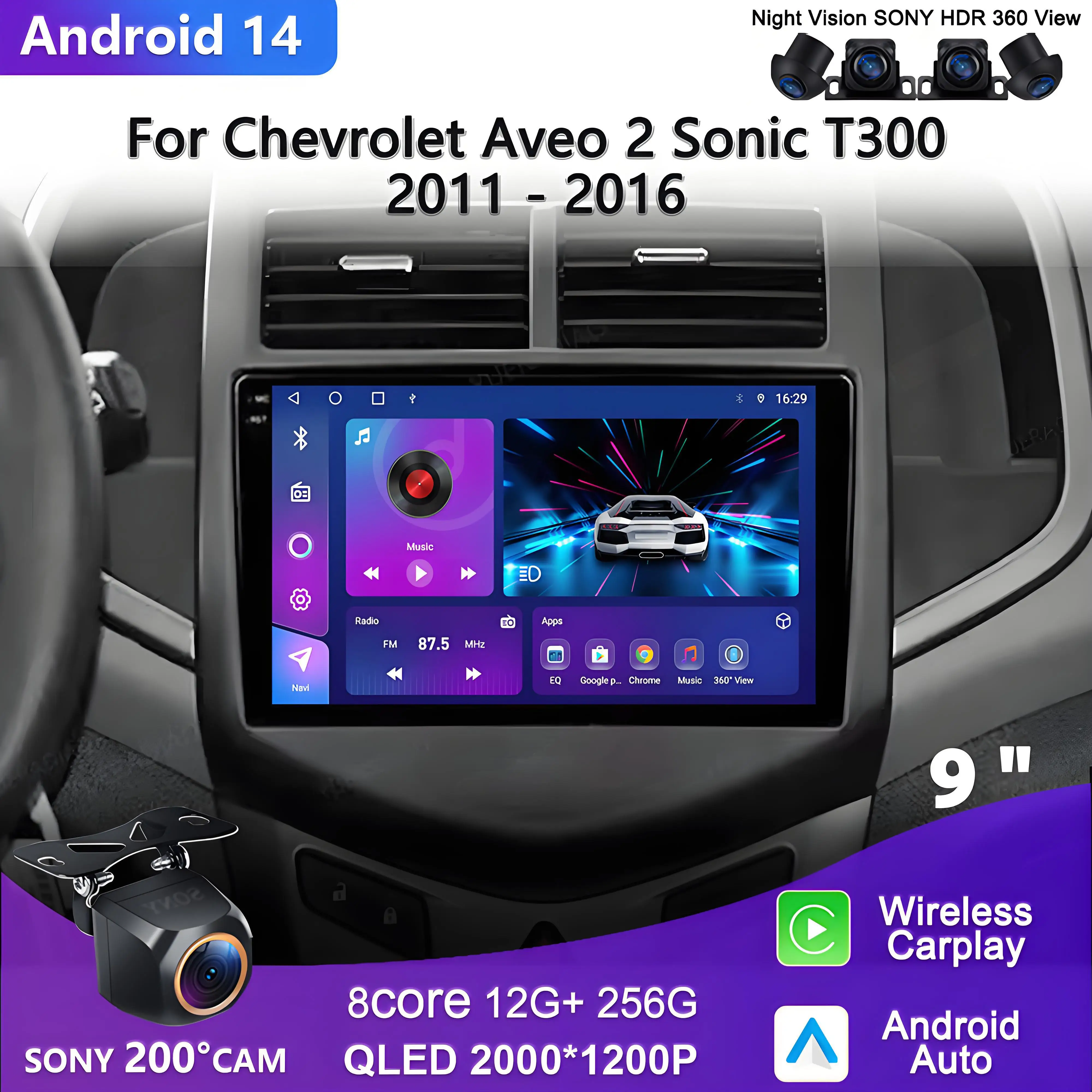 Автомагнитола на Android 14 для Chevrolet Aveo 2 Sonic T300 2011 - 2016 QLED 4G WIFI мультимедийный стерео