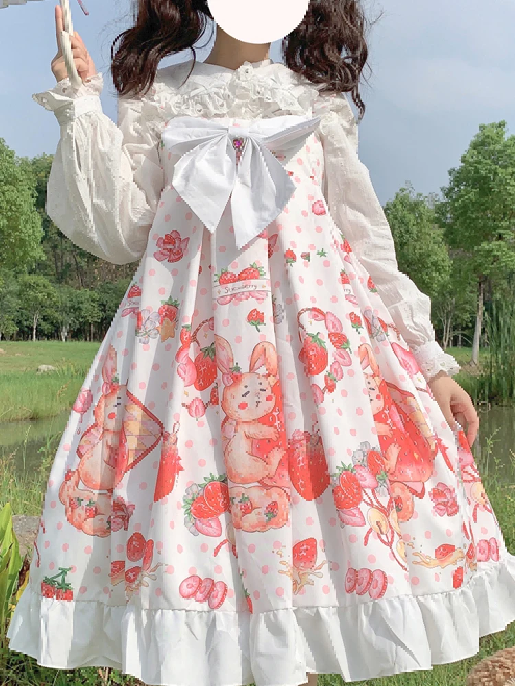 

Женские платья JSK в японском стиле сладкой Лолиты с мультяшным принтом, платья принцессы с высокой талией и оборками на тонких бретельках для женщин