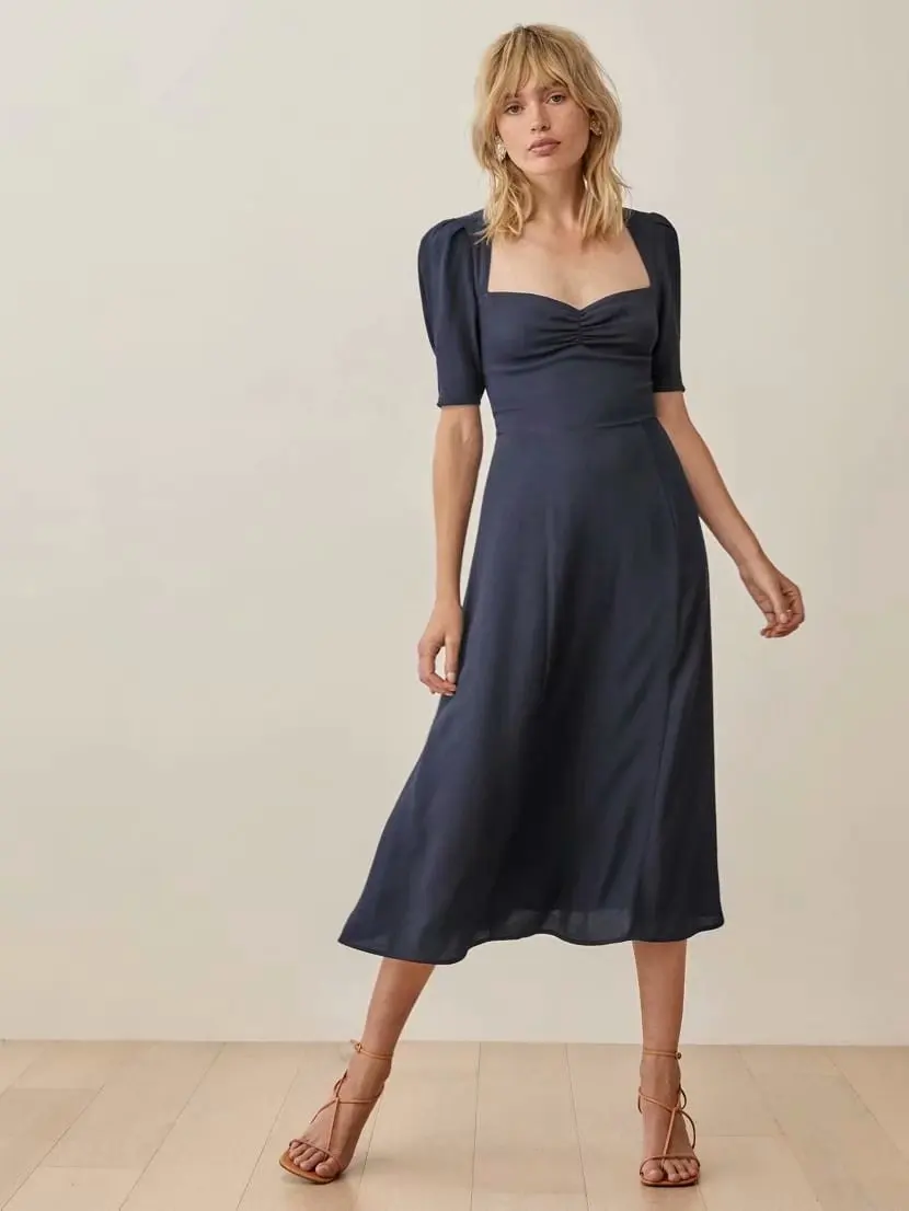 

Женское облегающее платье средней длины, элегантное Привлекательное платье во французском стиле Королевского синего цвета с завышенной талией и рукавами-фонариками, лето 2023