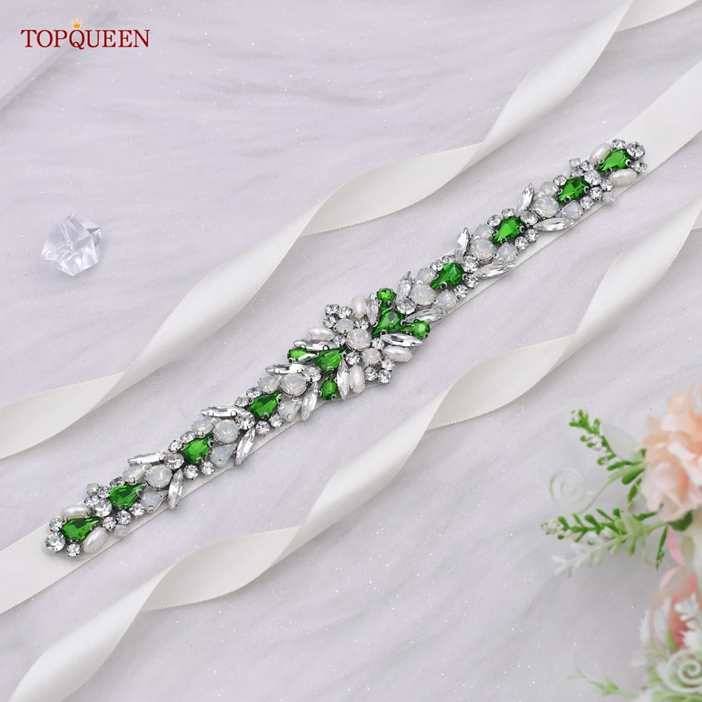 

TOPQUEEN S57 Opal Bridal Belt Wedding Dress Accessories Women Green Rhinestones Crystal Applique Formal Evening Gown Ribbon Sash