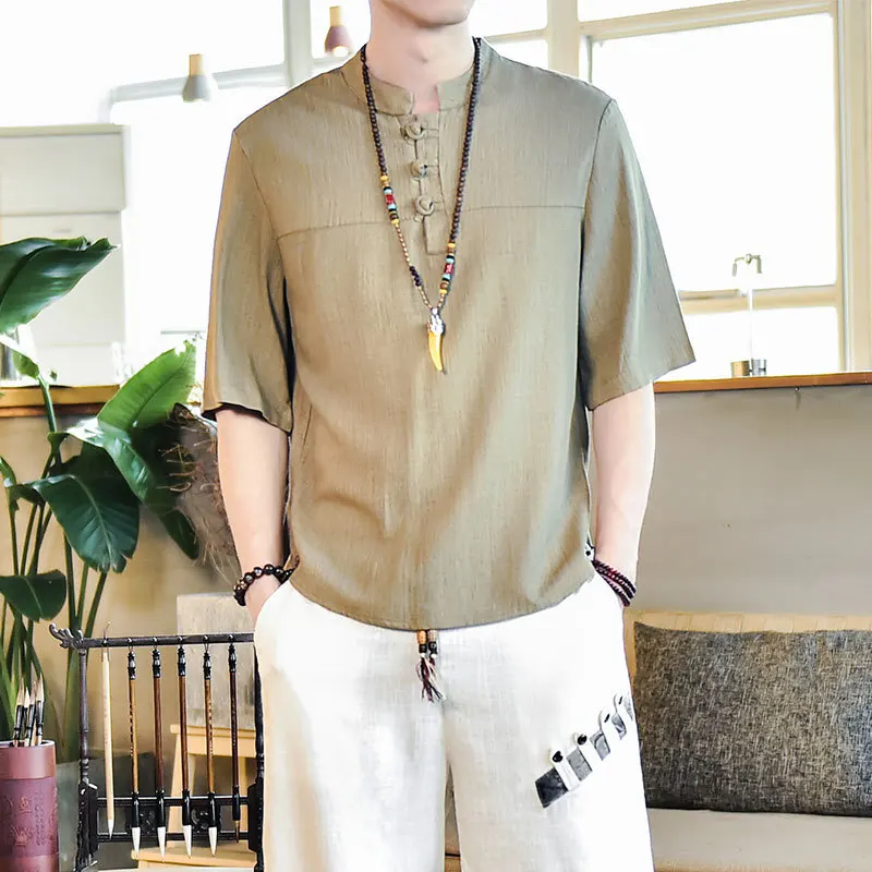 

Chinese Style Summer Men's Linen Shirt Large Size Loose Cotton and Linen Buckle Retro Casual T-shirt Plus Size Tang Suit Top
