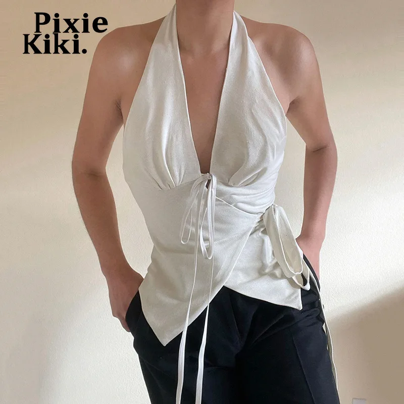 

Асимметричный топ PixieKiki на бретельках, с открытой спиной, сексуальные майки 2022, летняя одежда для женщин, белый, черный, женский жилет