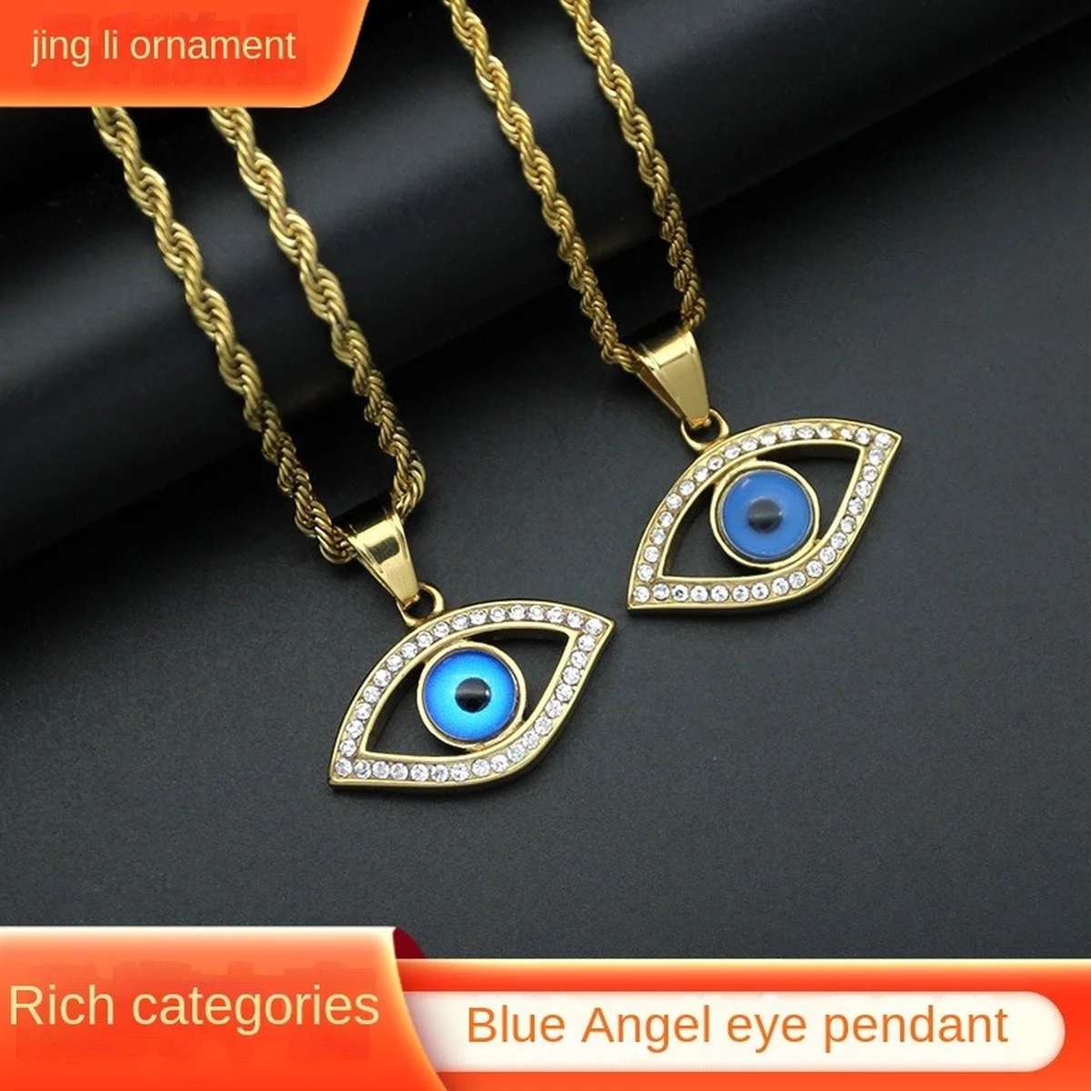 

Titanium Stainless Steel Gold Plated Rhinestone Blue Angel Eye Pendant Evil Eye Valentine's Day Necklace Gothic Jewelry Luxury