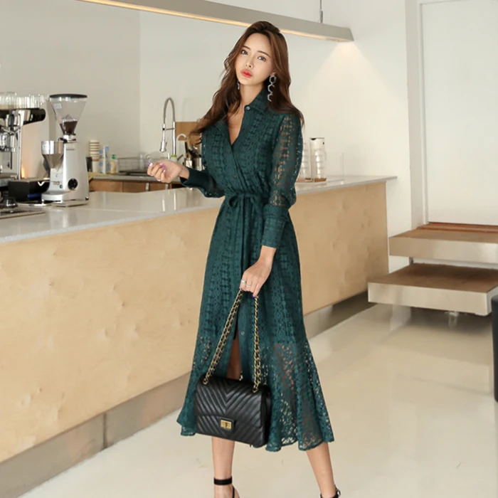 

2019 Spring Vintage Women dress Full Sleeve Slim Lace Tail Dresses Dark Green Rice White 8065
