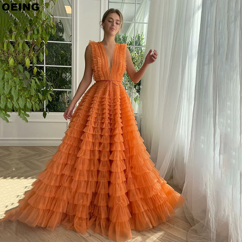

OEING Orange A-Line Prom Dresses Pastrol Princess V-Neck Tulle Tiered Evening Dress Formal Occasion Gown Vestidos De Novia