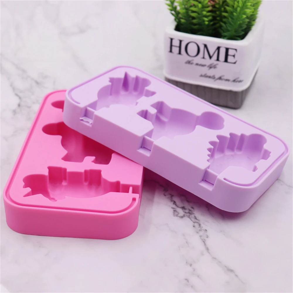 Silicon Ice Cream Stencil Dinosaur Shape with 6 PP Stick Easy Release Multifunctional 4 Colors Popsicle Ice-cream Mould wzpi