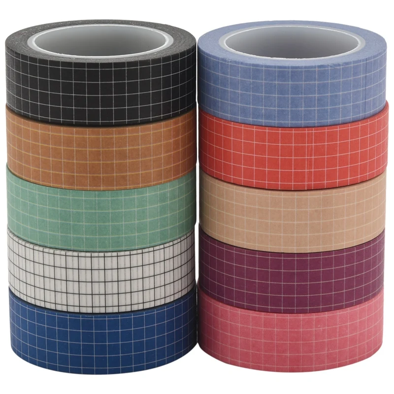 

10PCS Colored Washi Tape Simple Pure Color Plaid Set DIY Handbook Decoration Sticker School/Party Supplies