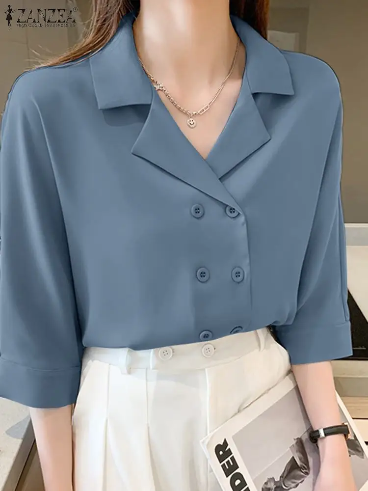 

ZANZEA Women Solid Shirt Elegant Lapel Neck 3/4 Sleeve Office Work Blouse Fashion Buttons Down Blusas Casual Loose Top Chemise