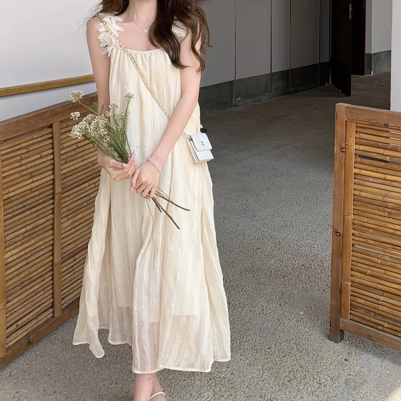 

Summer Dresses for Women 2023 Square Collar Feather Design Strappy Dress Delicate Elegant Party Dresses Loose Ladies Midi Dress