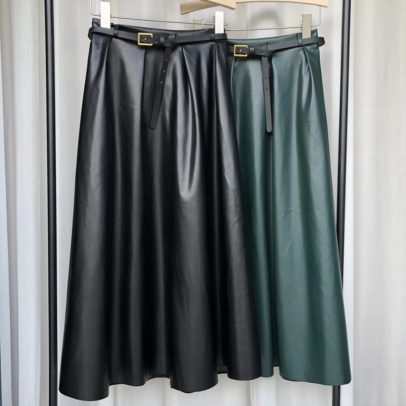 

Юбка-миди Женская трапециевидная однотонная из экокожи с поясом и высокой талией