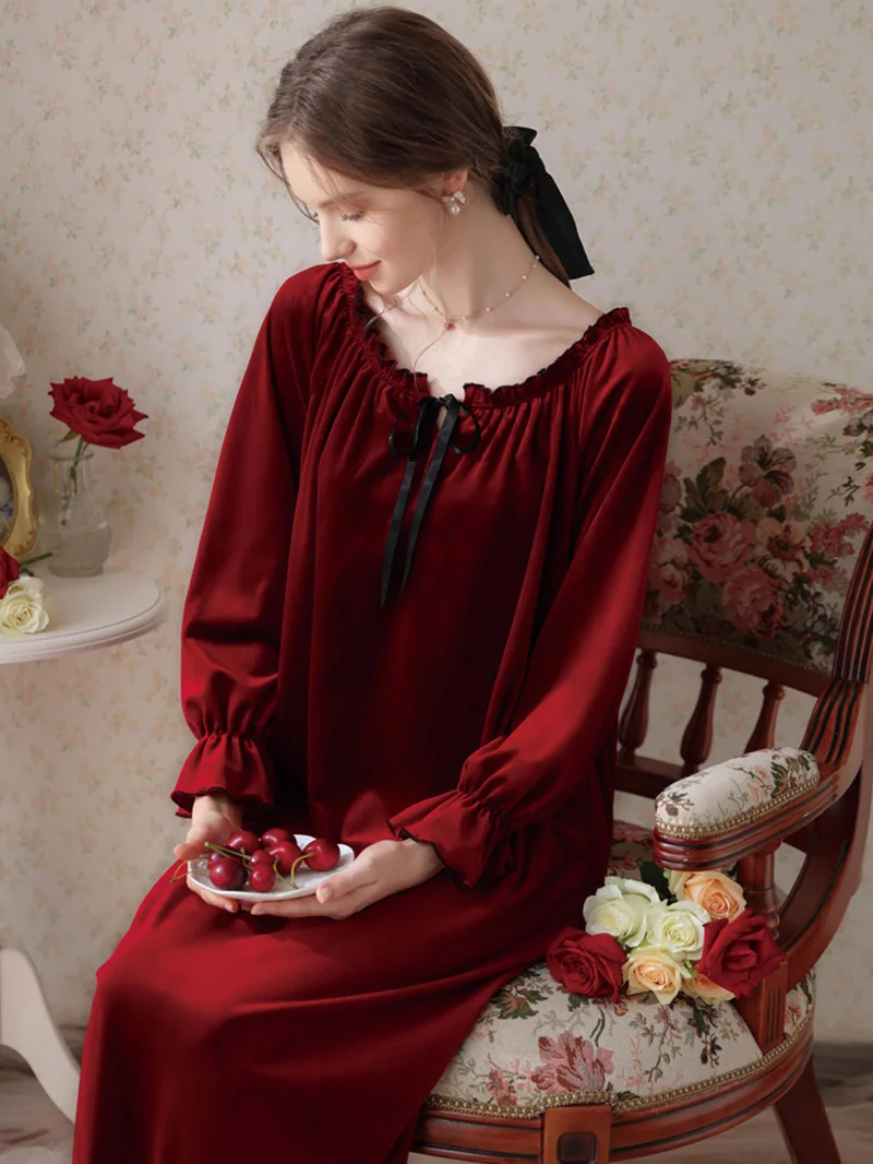 

Women Elegant Vintage Velvet Long Nightdress Ruffles Robe Courtly Romantic Sleepwear Princess Nightwear Victorian Nightgowns
