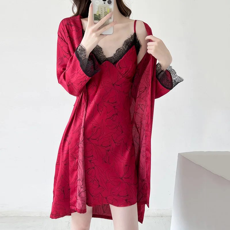 

Print Flower Nightgown Sleepwear Home Clothing Short Sexy Lace Sleepwear Women Kimono Robe Set Loungewear Intimate Lingerie