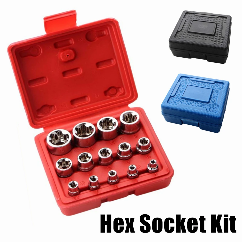 

14PCS Torx Star Female Bit Socket Set 1/2" 3/8" 1/4" Drive E4/E5/E6/E7/E8/E10/E11/E12/E14/E16/E18/E20/E22/E24 Repair tool sets